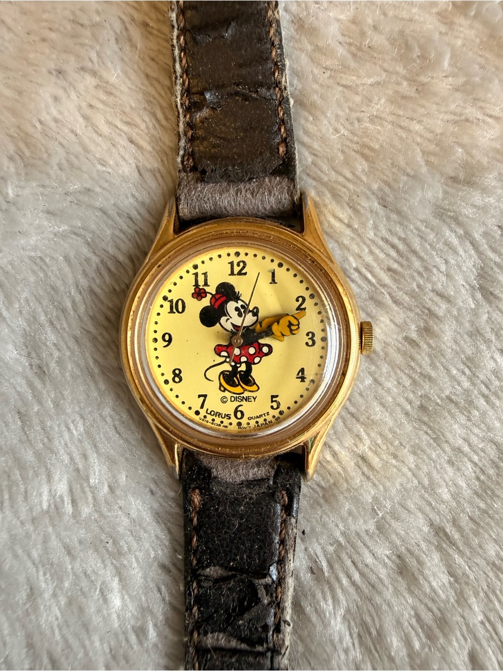 Disney Lorus Minnie Mouse Gold Tone Watch with Black Leather Strap